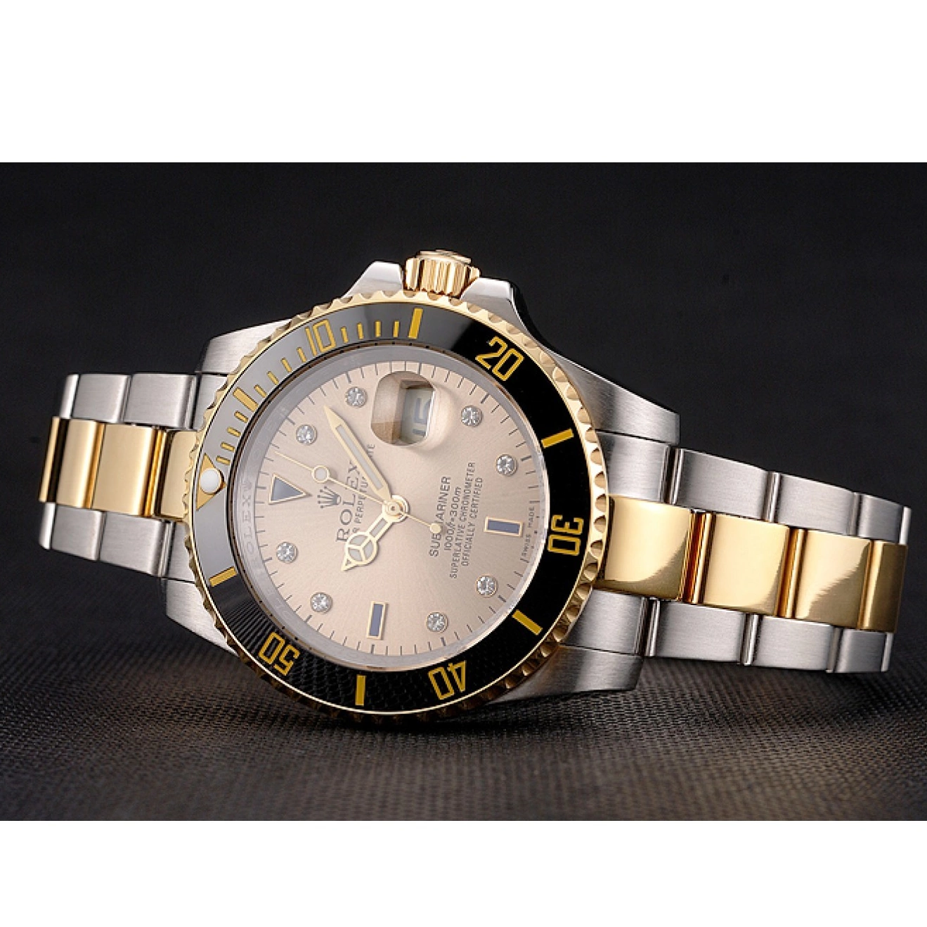 AAA replica watch Markings Gold Black Dial Tone Gold Two Submariner Diamond Bezel Swiss Steel Rolex Bracelet 0818